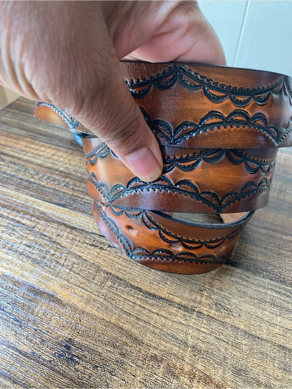 Vintage Hand Tooled Leather Belt, 36”